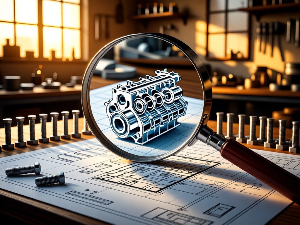 A magnifying glass over a technical blueprint of an engine block, surrounded by neatly arranged bolts. Golden hour illumination through workshop windows. No people.