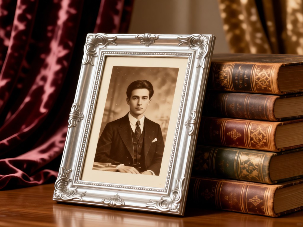 A silver-framed sepia photograph leaning against a stack of antique books. Soft focus background with velvet drapes. Warm, diffused lighting. No people.