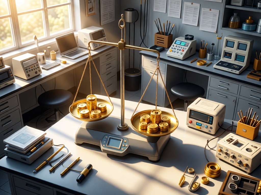 Aerial view of a precision balance scale holding golden calibration weights in a sunlit lab. Surrounding workspace is impeccably organized, symbolizing accuracy and trust. No people.