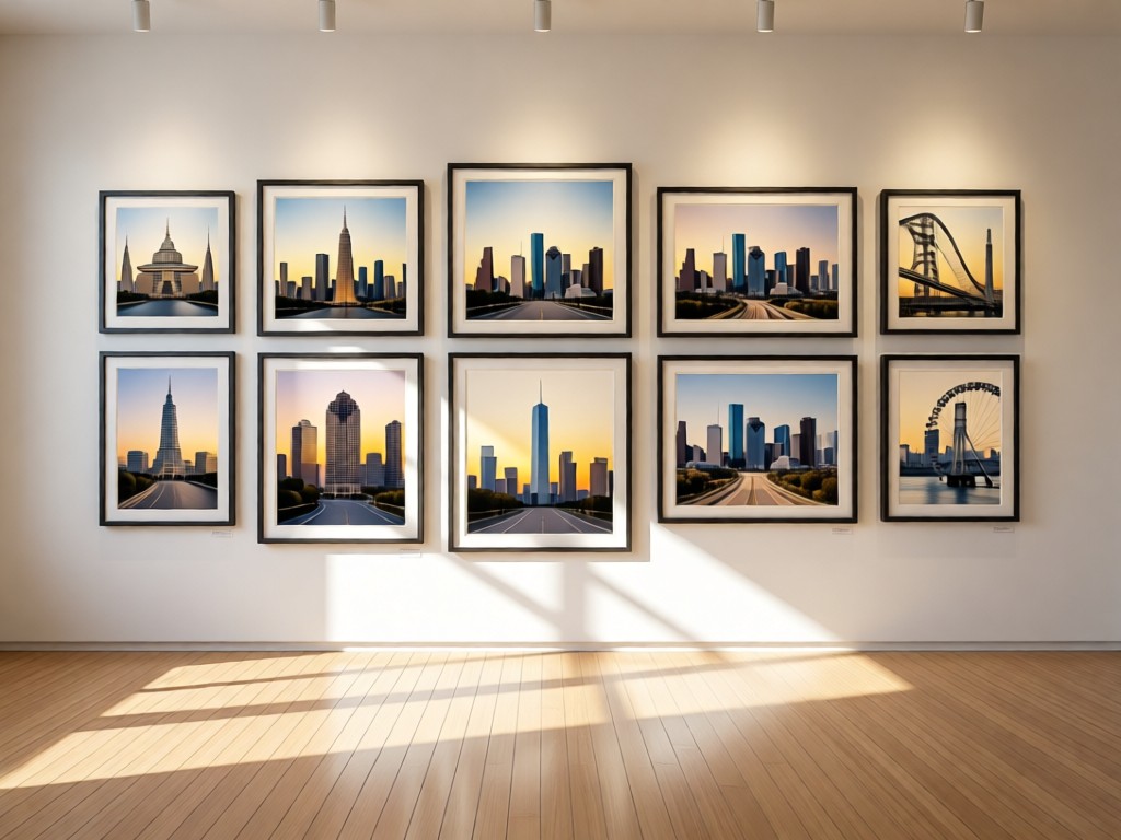 A minimalist gallery wall featuring Houston landmarks. Each framed photo has subtle lighting. Natural light streams across wooden floors. No people.