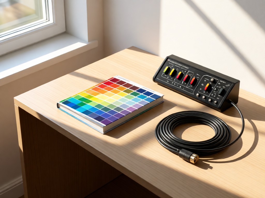 An angled view of a minimalist desk with a color temperature swatch book, a lighting console fader, and a coiled DMX cable. Soft morning light streams through a window, creating clean shadows. No people.