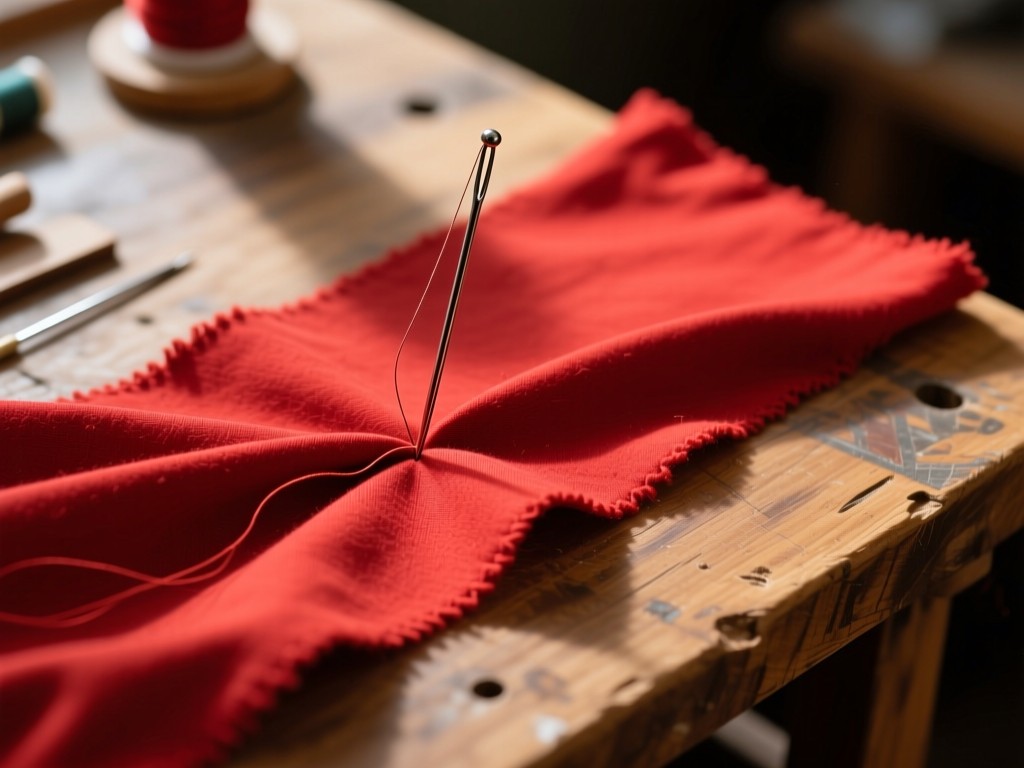An aerial view of a single sewing needle piercing through a vibrant red fabric on a wooden worktable. Soft shadows emphasize precision. Symbolizes focus and craftsmanship. No people.