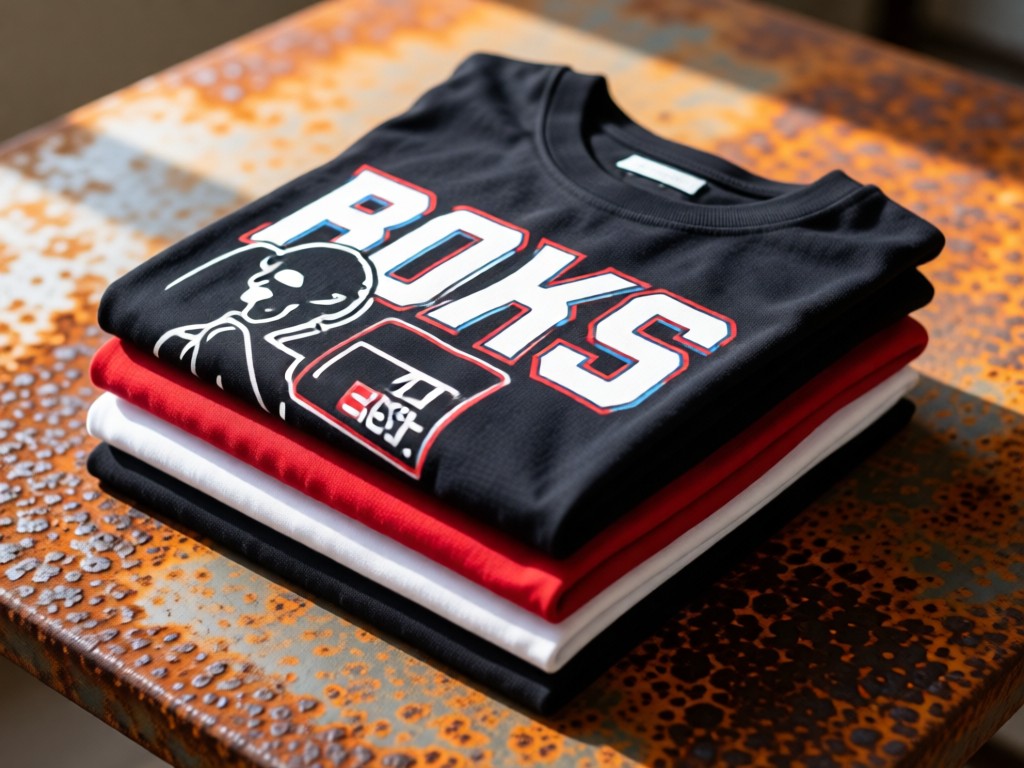 A neatly folded stack of band t-shirts in black, red, and white on a rusted metal surface. Top shirt features a bold screen-print design. Soft natural light highlights fabric textures. No people.