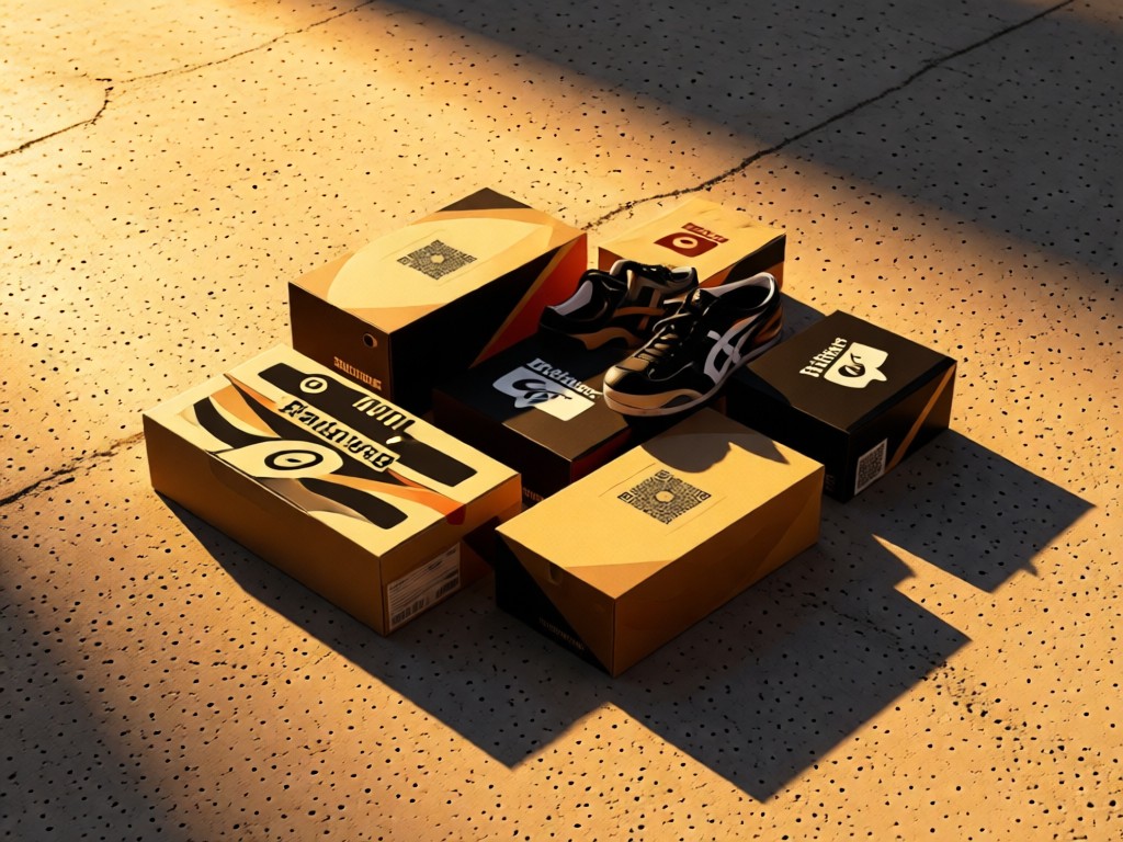 Stylized arrangement of Onitsuka Tiger shoeboxes with discreet QR codes visible. Golden hour light casting long shadows on a raw concrete surface. Warm color palette with brand accents. No people.