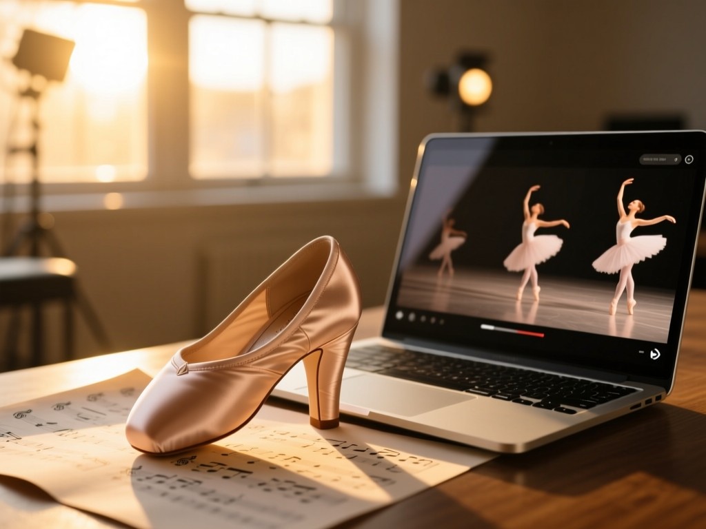 A ballet shoe placed on sheet music beside a laptop showing dance videos during golden hour, soft sunlight filtering through studio windows, shallow depth of field, warm tones, no people visible.