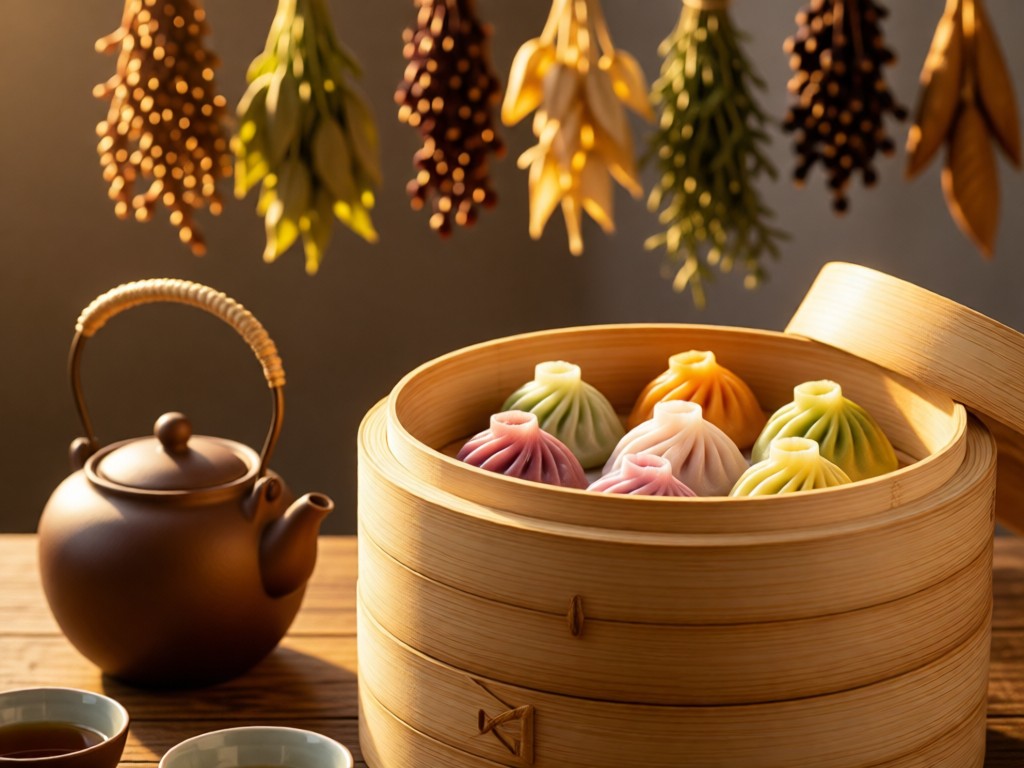 Close-up of stacked bamboo steamers with vibrant dumplings beside a teapot. Soft focus on hanging dried herbs in background. Golden hour lighting creates warmth.