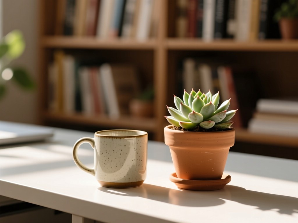 A clean desk with a ceramic mug beside a potted succulent. Sunlight highlights the plant's textures against a soft-focus bookshelf background. Earthy tones dominate. No people.