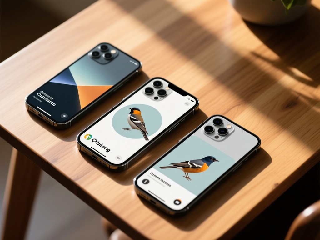 A bird's-eye view of three sleek mobile devices showing cohesive campaign visuals on a wooden table. Soft shadows and warm daylight create harmony.