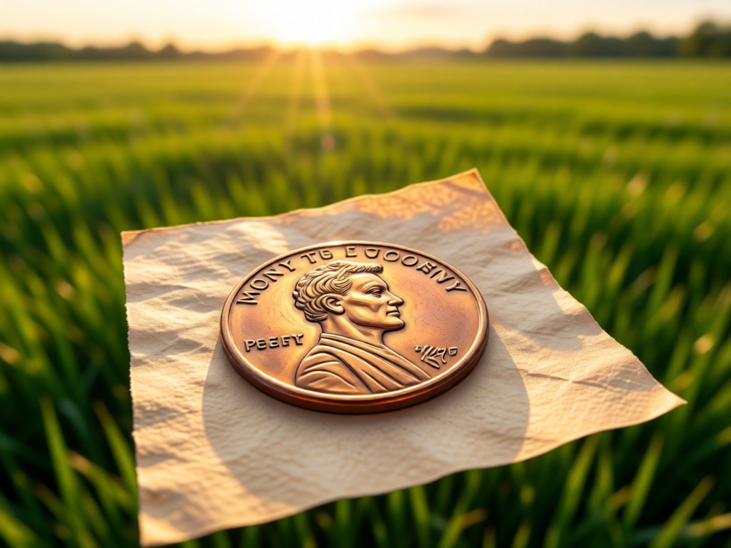 A single penney masterpiece centered on a handmade paper sheet in an open meadow during golden hour. Sunlight emphasizes intricate details. Endless green field in soft focus. Symbolizes focus and artistic clarity. No people.
