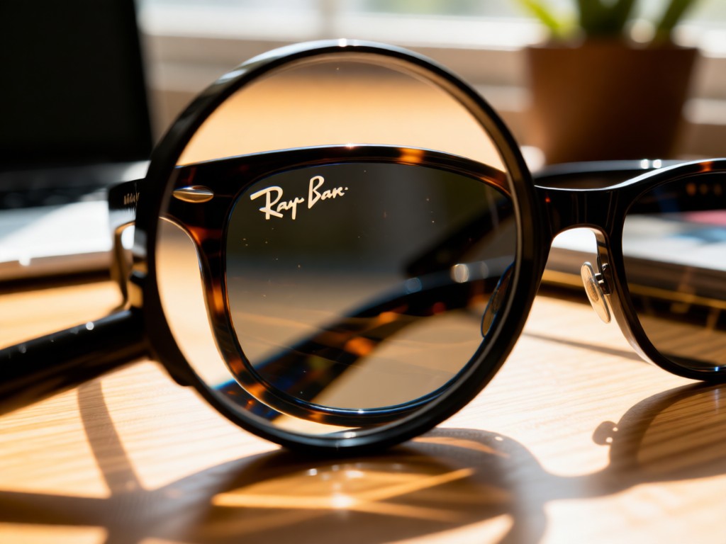 A magnifying glass focusing on Ray Ban lens details on a sunlit desk. Shallow depth of field. Warm natural lighting. No people.
