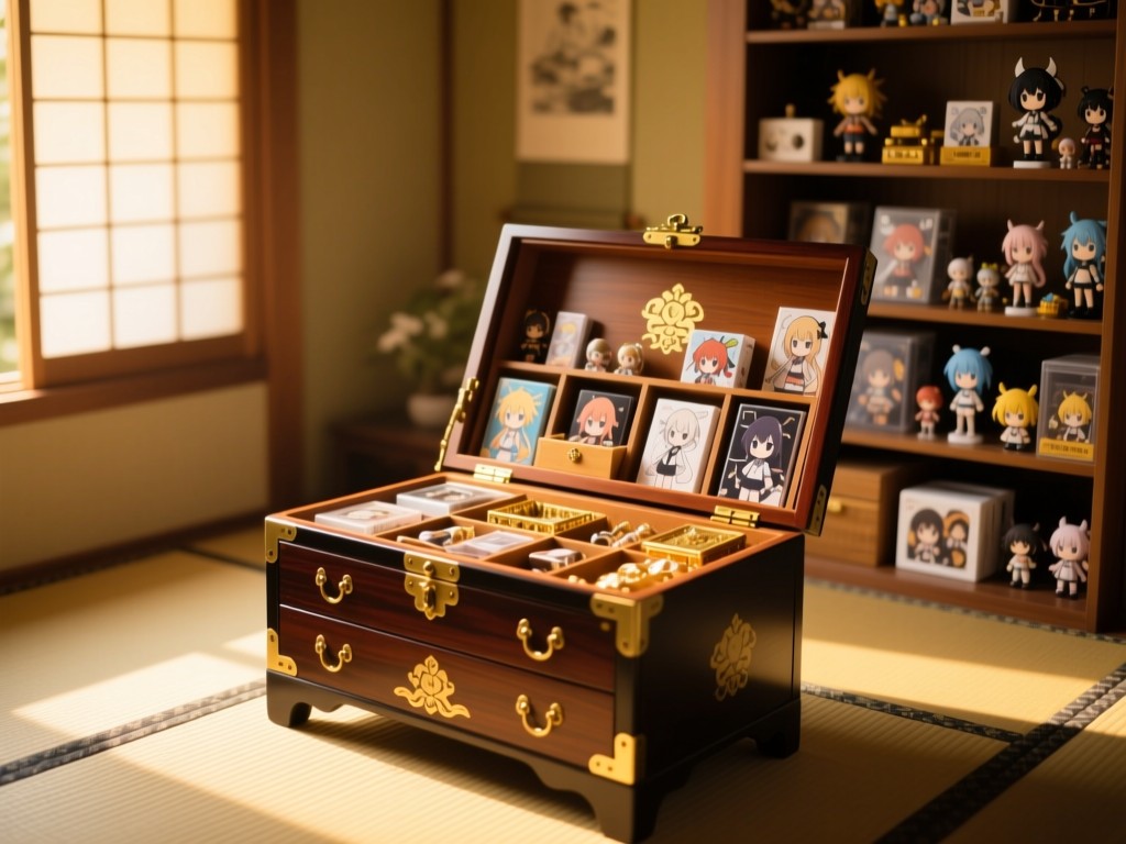 A single traditional Japanese tansu chest open in a sunlit room, overflowing with neatly organized anime collectibles, symbolizing curated treasure, golden hour warmth, shallow depth of field, no people.