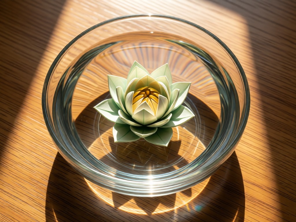 An aerial view of a single origami lotus floating in a glass bowl of water. Sunlight refracts through water onto a wood surface. Symbolizes focus and pristine presentation. No people.