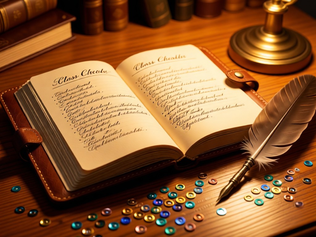 An open leather journal with feather pen beside scattered sequins. Pages show elegant handwritten class schedules. Warm desk lighting. No people.