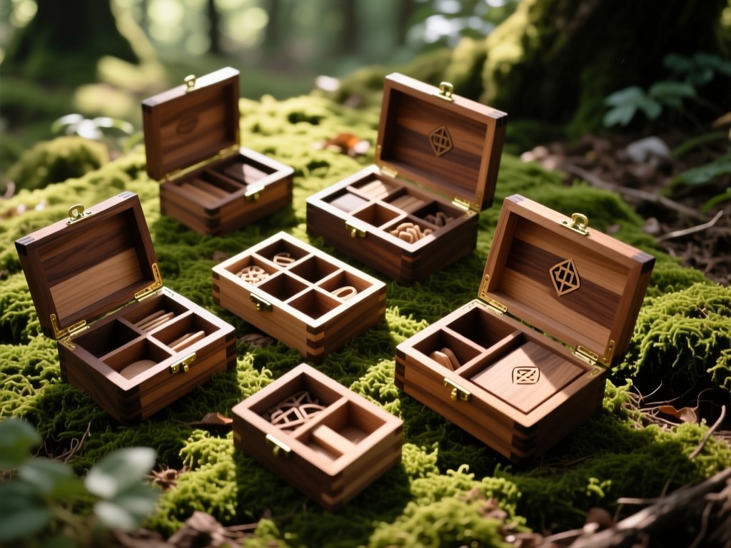 Aerial view of handcrafted wooden boxes open to reveal different compartments. Arranged on mossy ground in dappled forest light. Symbolizes organization and craftsmanship. No people.