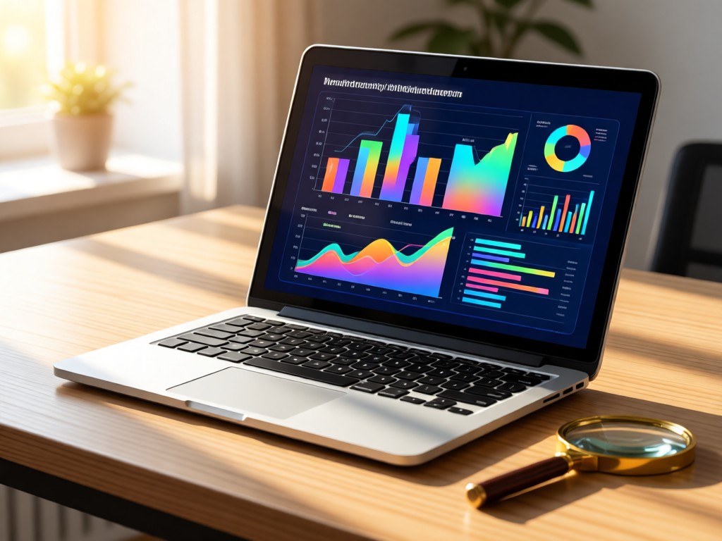A laptop displaying colorful data visualizations on a wooden desk. Morning light creates soft gradients on the charts. A magnifying glass rests nearby. Clean and analytical atmosphere. No people.