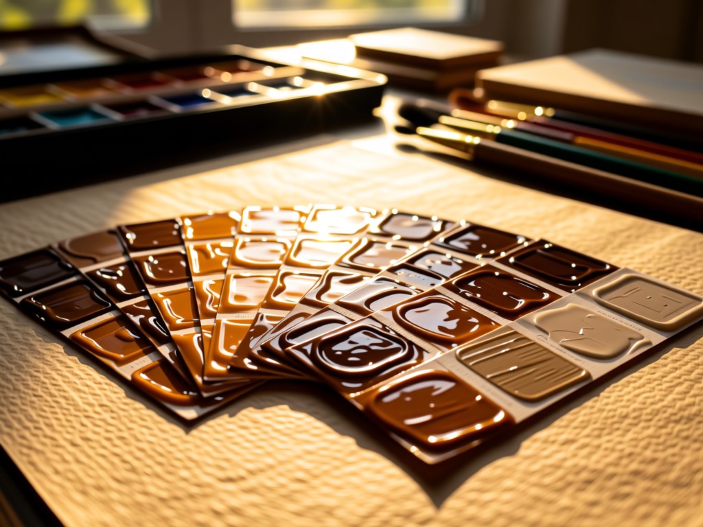 Paint swatches in chocolate, caramel and taupe fanned out on craft paper. Golden hour light creates warm reflections. Art materials visible in soft-focus background. No people.