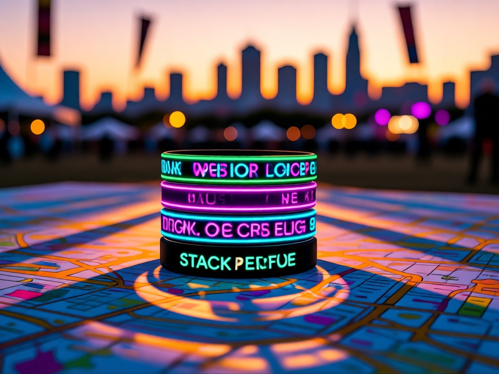Stacked neon event wristbands on a festival map. Soft sunset light casts long shadows. Blurred city skyline in distance. No people.