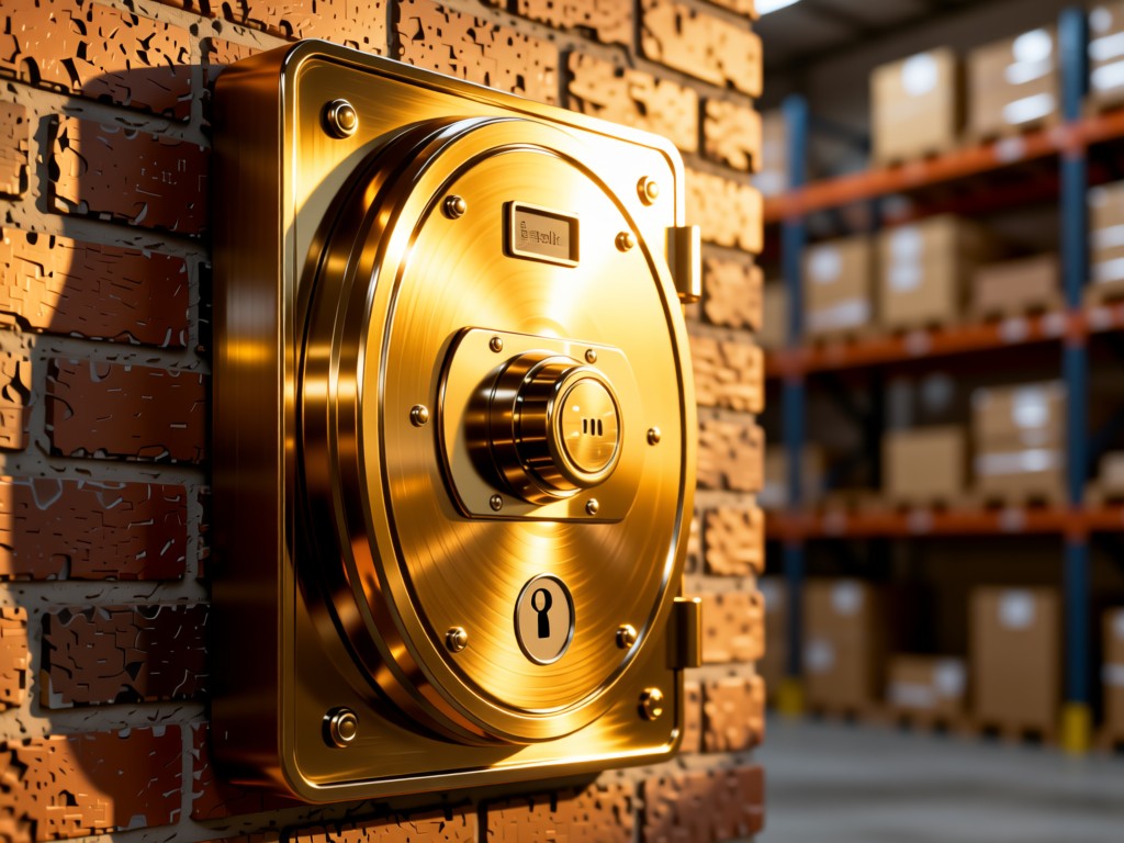 A secure industrial lockbox mounted on a brick wall. Golden light highlights its metallic surface. Blurred warehouse shelves in background. Symbolizes protected client access. No people.
