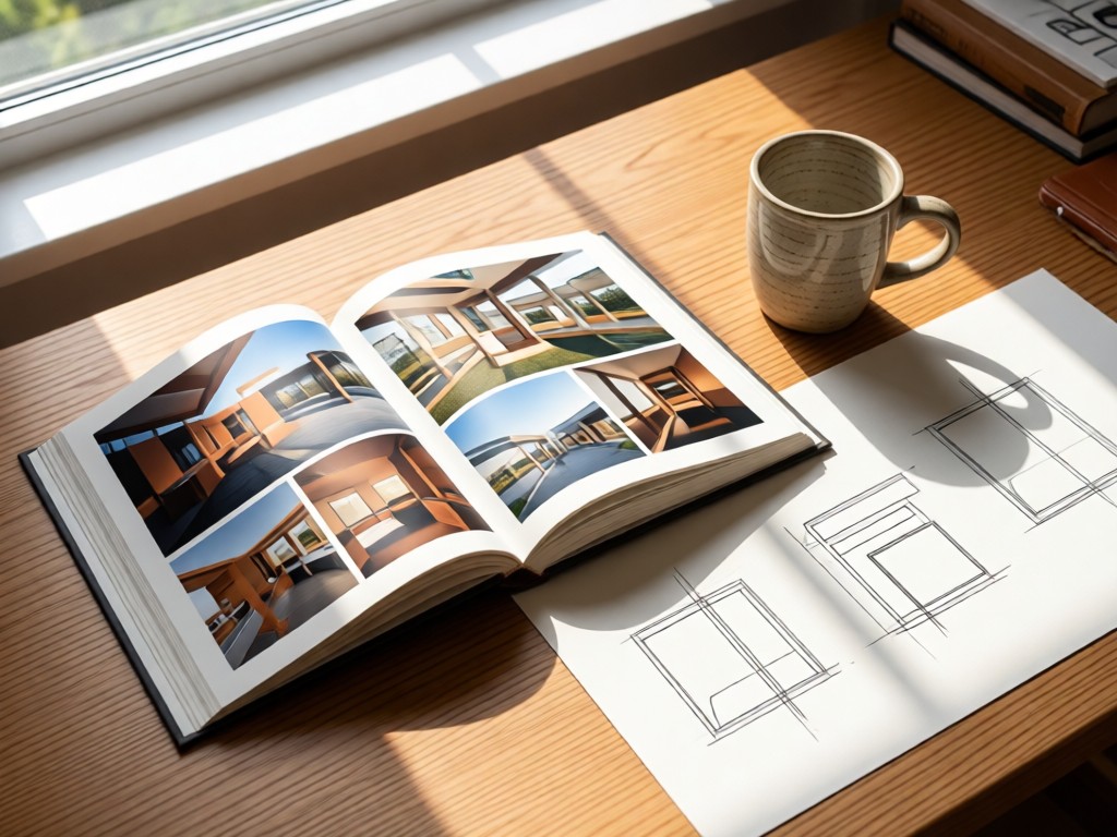 An overhead shot of a curated desk: open portfolio book showing project images, a ceramic mug, and minimalist wireframe sketches. Natural light highlights the textures. No people.
