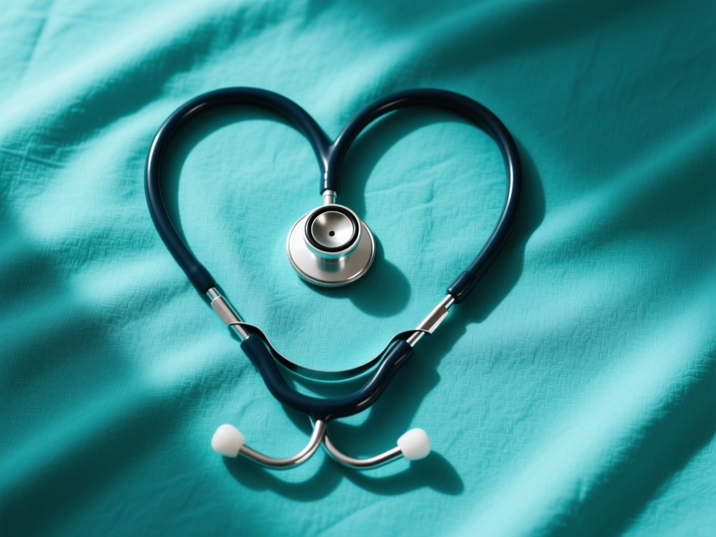 An overhead shot of a single stethoscope forming a heart shape on a teal fabric background. Soft shadows emphasize texture. Symbolizes care and professionalism in medicine. No people.