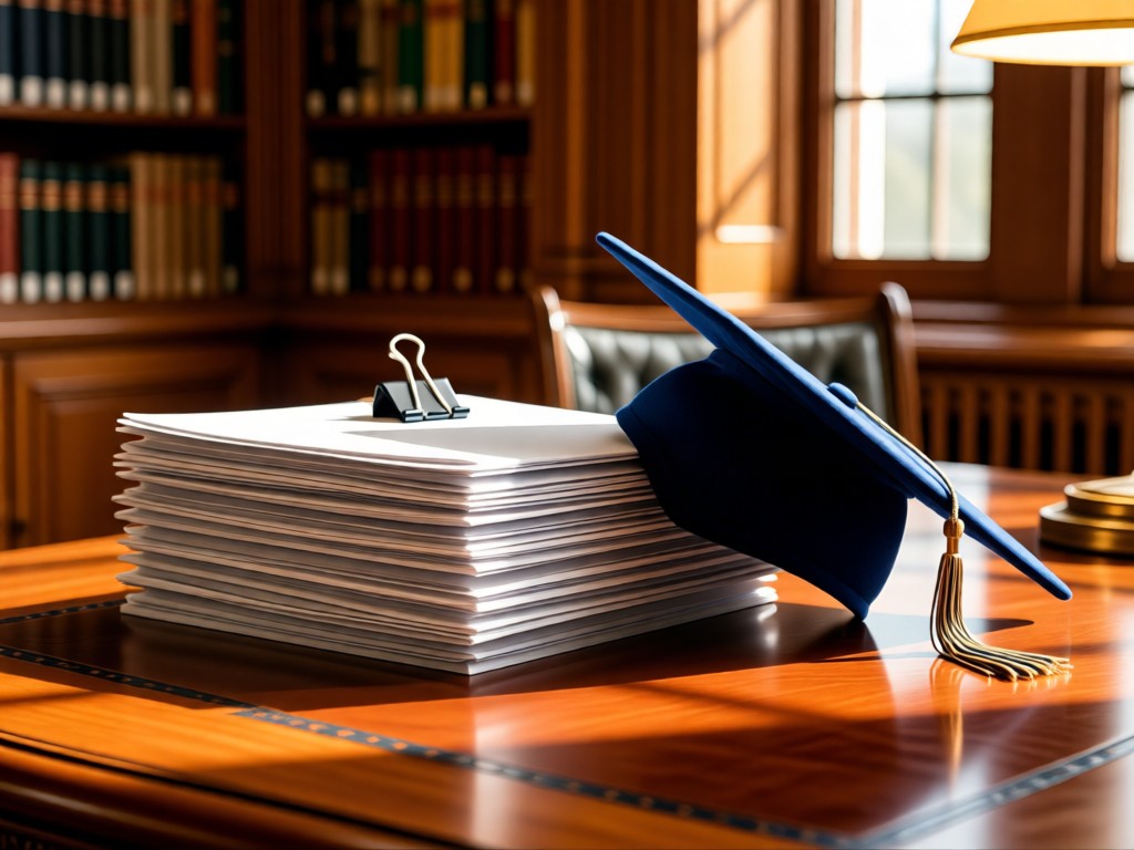 A neatly stacked pile of academic papers with a Penn State binder clip. Next to it, a graduation cap sits at a subtle angle on a polished desk. Warm library lighting creates soft shadows.