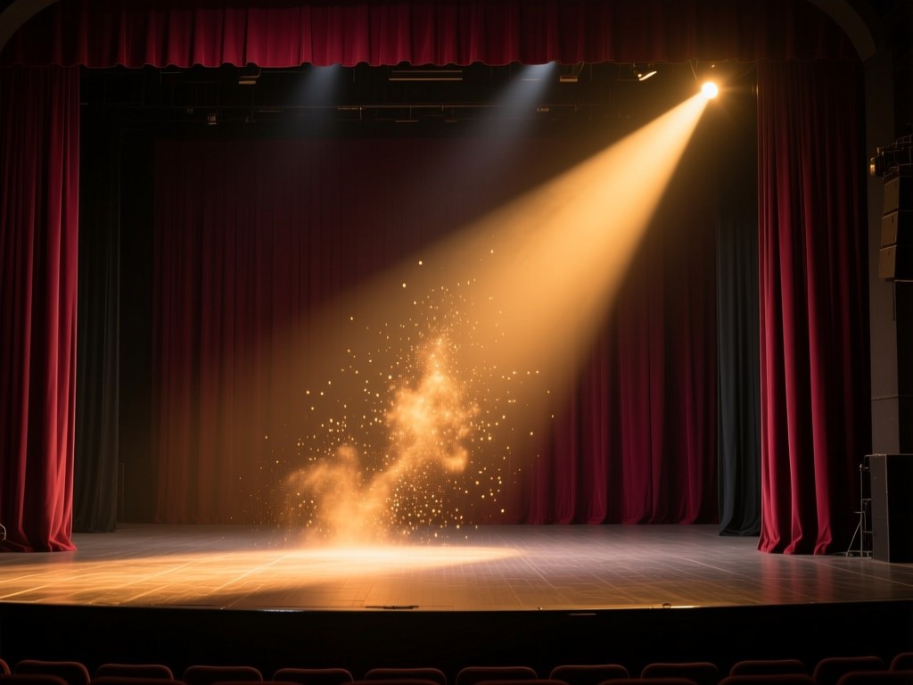 A single spotlight hitting an empty stage during golden hour, dust particles glowing in the light beam, deep maroon curtains, symbolic of opportunity and visibility, warm chiaroscuro effect, no people.