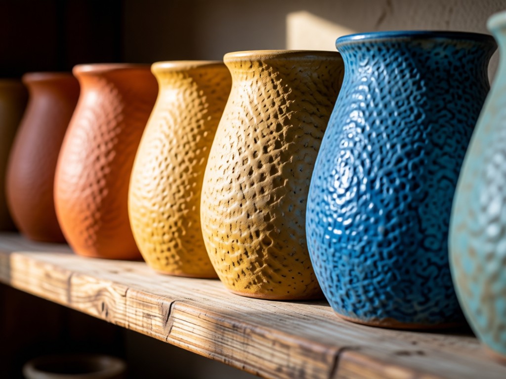 Close-up of textured stoneware clay samples arranged by color gradient on a rustic shelf. Soft side-lighting highlights material variations. Earthy ochres and mineral blues dominate. No people.
