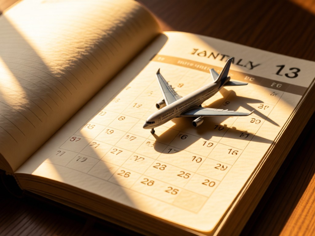 An elegant paper monthly calendar open to current date. A miniature airplane model rests on the page. Warm sunlight highlights the texture of paper shadows. No people.