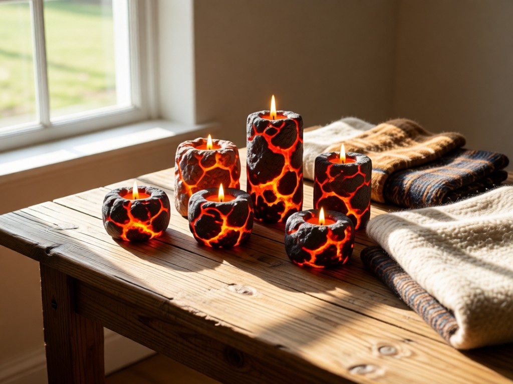 An arrangement of lava stone candles and wool textiles on a rustic wooden table. Soft window light creates warm shadows on natural textures. No people.