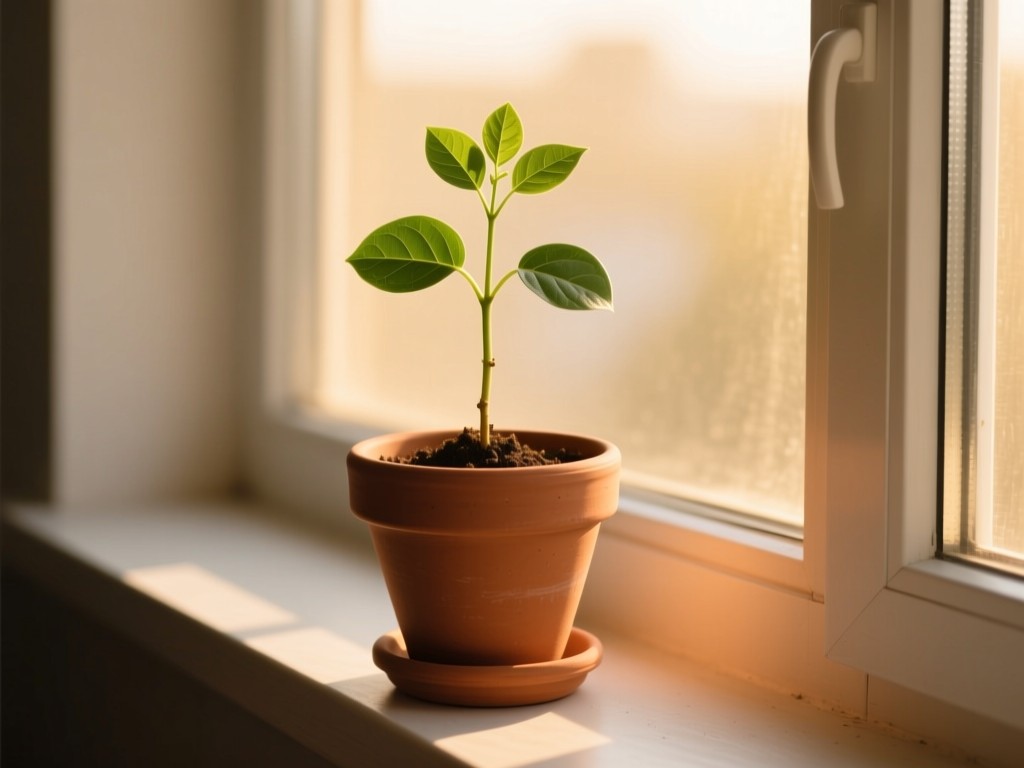 Single thriving sapling in terracotta pot on windowsill, golden hour light emphasizing growth. Symbolizes organic user acquisition. Minimalist composition.