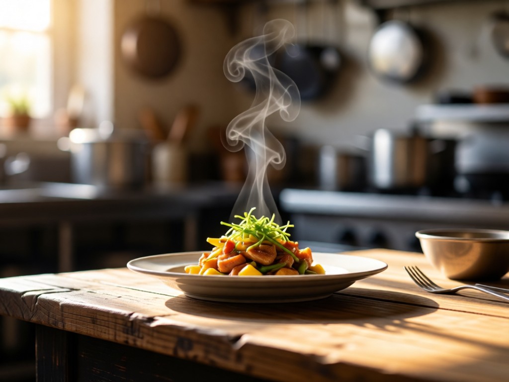A shallow depth-of-field shot of an artfully plated dish on a rustic wooden table. Sunlight highlights steam rising from the food, with blurred kitchen equipment in the background. No people.