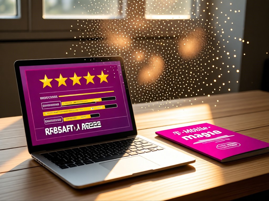 Open laptop showing five-star ratings beside a T-Mobile magenta brochure. Sunlight illuminates dust particles floating above. No people.
