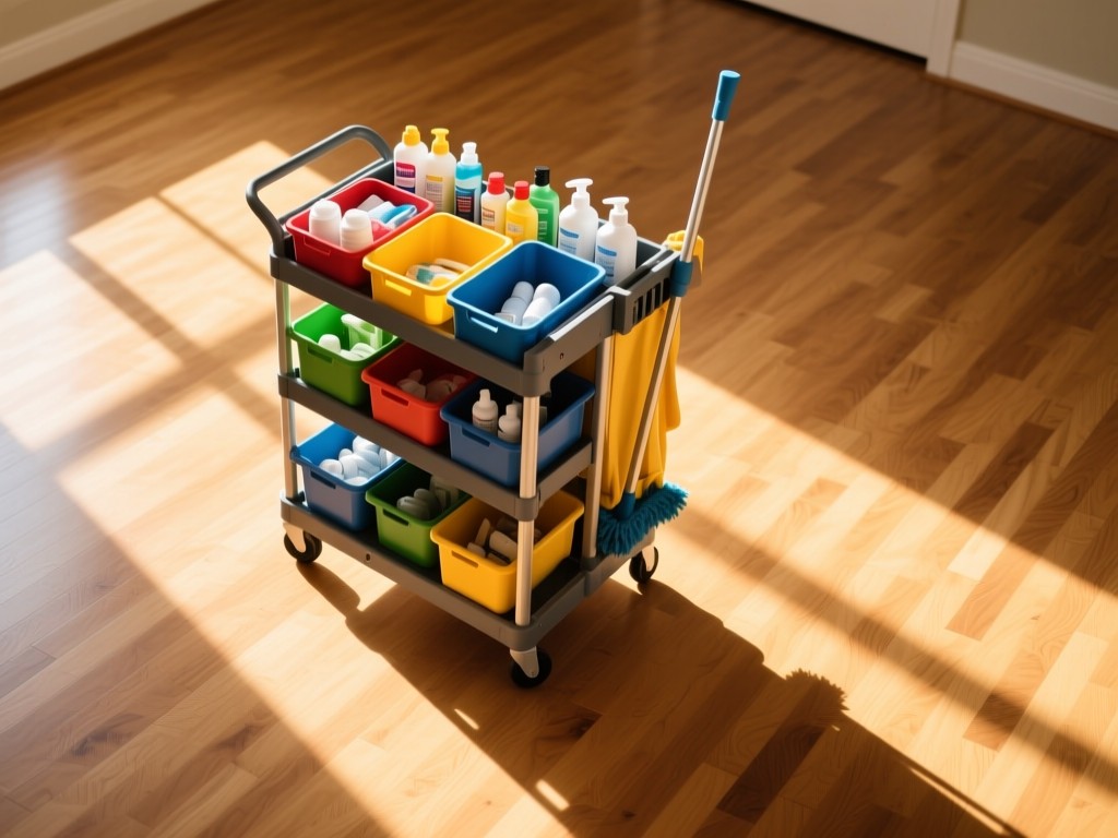 An aerial view of a perfectly organized cleaning cart in the center of a spotless, sunlit hardwood floor. Supplies are neatly arranged in color-coordinated containers. Golden hour light creates long, soft shadows. No people.