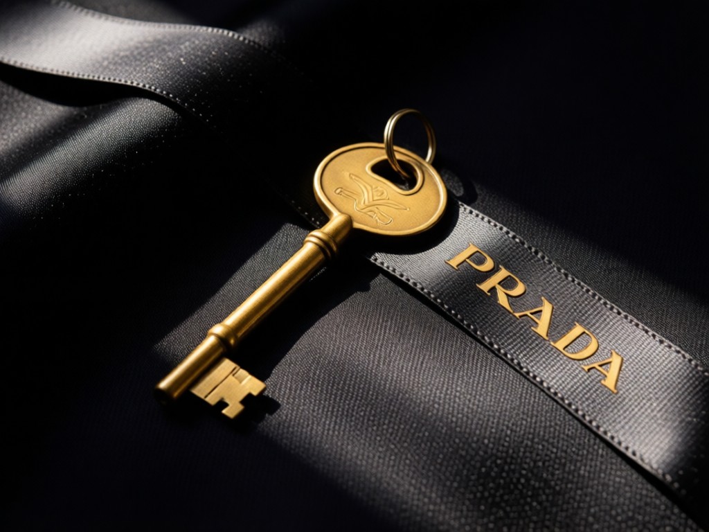 A brass key resting on a Prada ribbon tag against black silk fabric. Dramatic side lighting highlights textures. Deep shadows and warm metallic tones. No people.