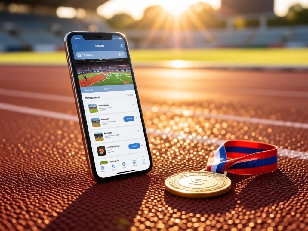 A smartphone displaying a sports portfolio beside a medal on a sunlit track. Shallow depth of field. Morning light creates warm reflections. No people.