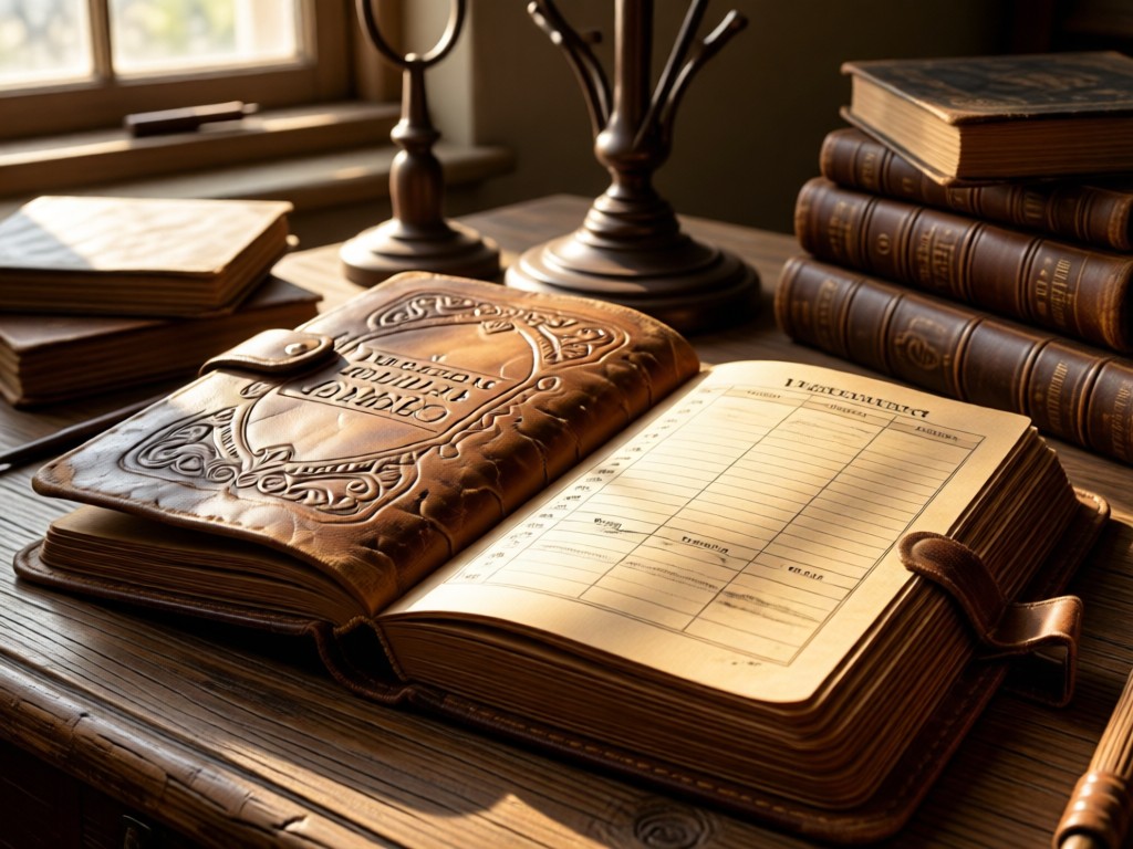 Close-up of a weathered leather-bound journal open to a weekly schedule page. Sunlight highlights texture and embossed details. Rustic office setting background.