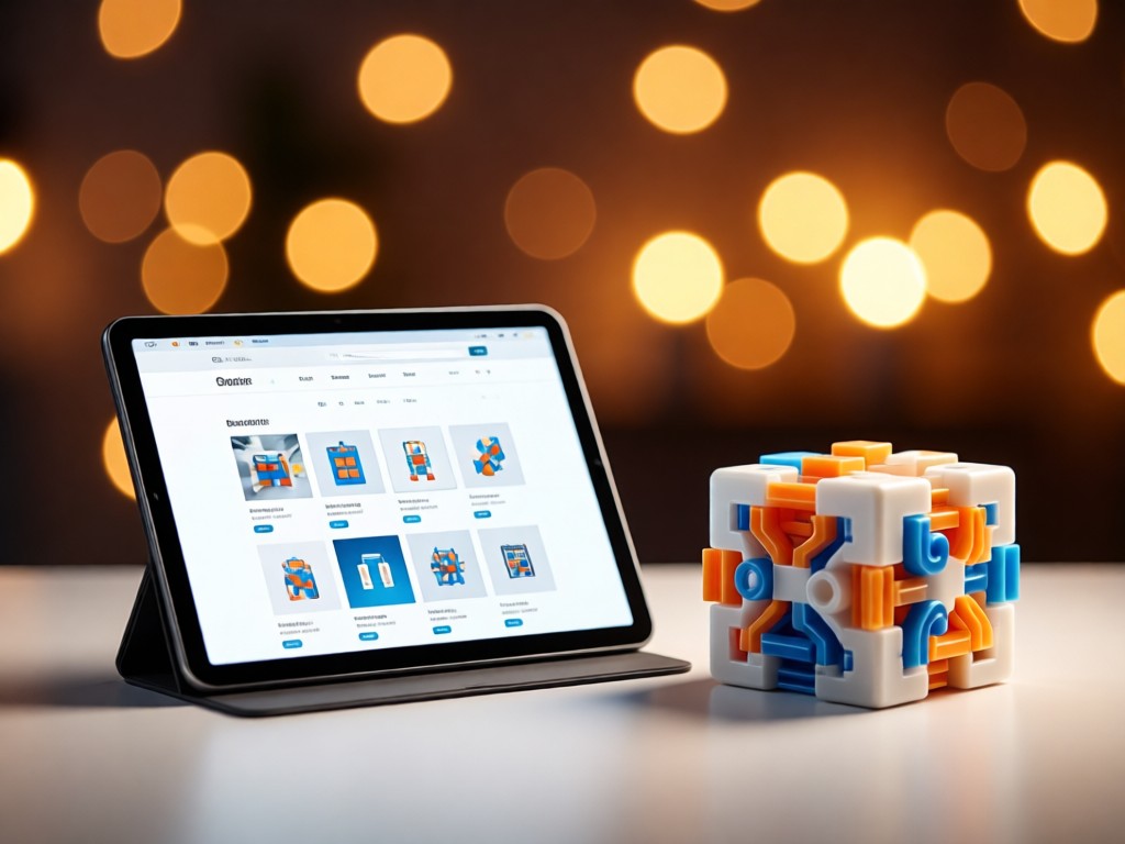 A minimalist setup with a tablet showing a clean e-commerce page next to a 3D-printed puzzle prototype. Warm bokeh lights blur in the background. No people.