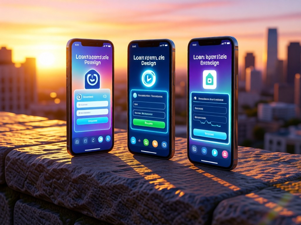 Three glowing smartphones displaying different loan application screens on a stone ledge. Sunset light creates long shadows. Focus on responsive design.