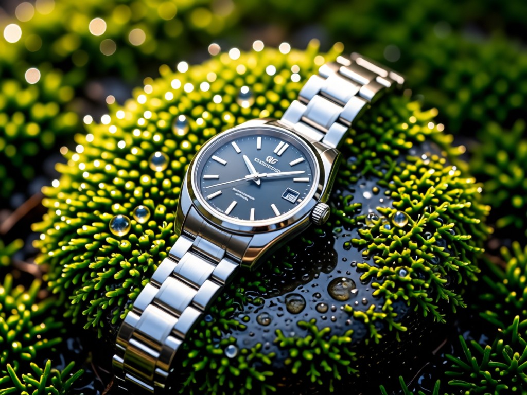 Aerial view of a single Grand Seiko on a moss garden stone. Morning dew glistens. Symbolizes precision meeting nature. No people.