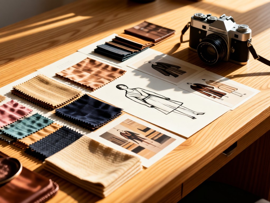 An angled view of a curated fashion mood board with fabric swatches, sketches, and a vintage camera on a light oak desk. Warm sunlight highlights textures and creates depth. No people.