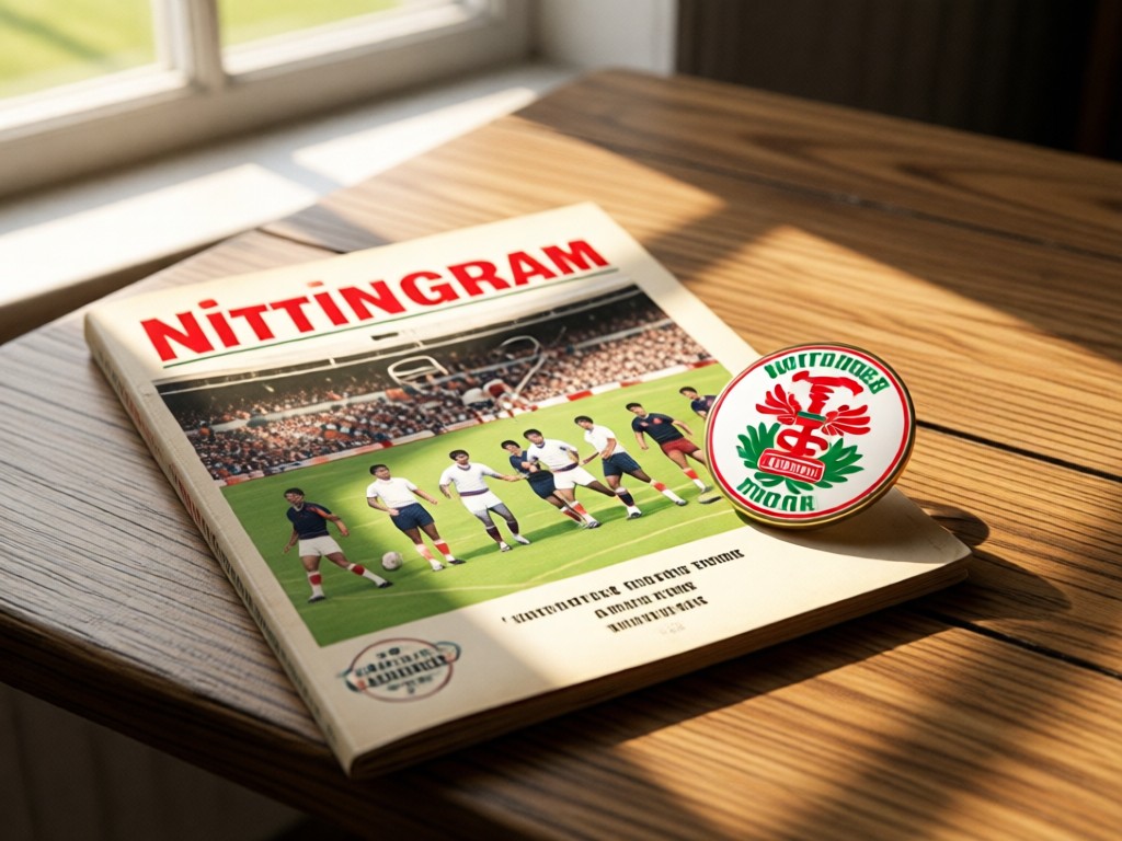 A carefully arranged vintage Nottingham Forest match program and pin badge on a wooden table. Soft window light creates warm highlights. No people.