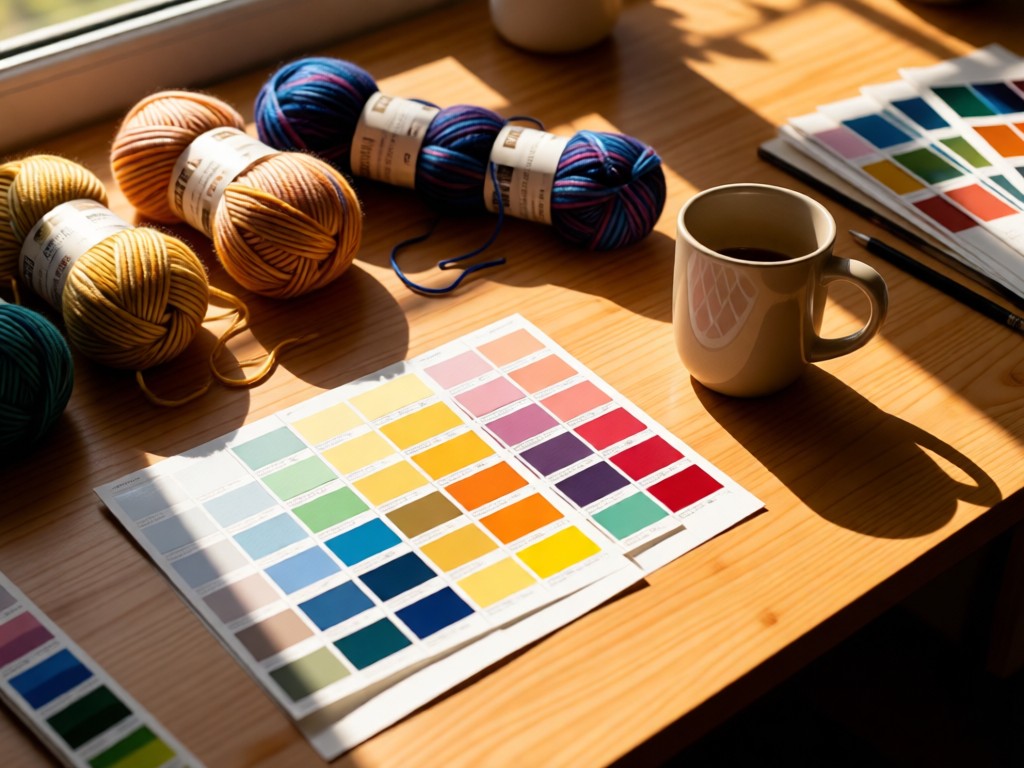 Overhead shot of a designer's desk with Pantone swatches, yarn skeins, and a ceramic mug. Afternoon sun creates warm pools of light. Soft shadows emphasize textures. No people.