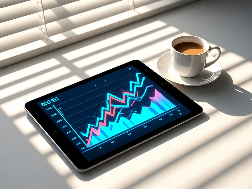 A tablet showing glowing sales charts beside a coffee cup. Morning light through blinds creates stripe patterns. Clean desk aesthetic. No people.