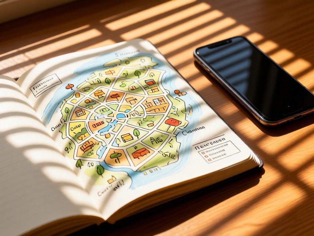 An open notebook with a hand-drawn community map beside a smartphone. Dappled sunlight through blinds creates patterns. Warm, approachable tone. No people.