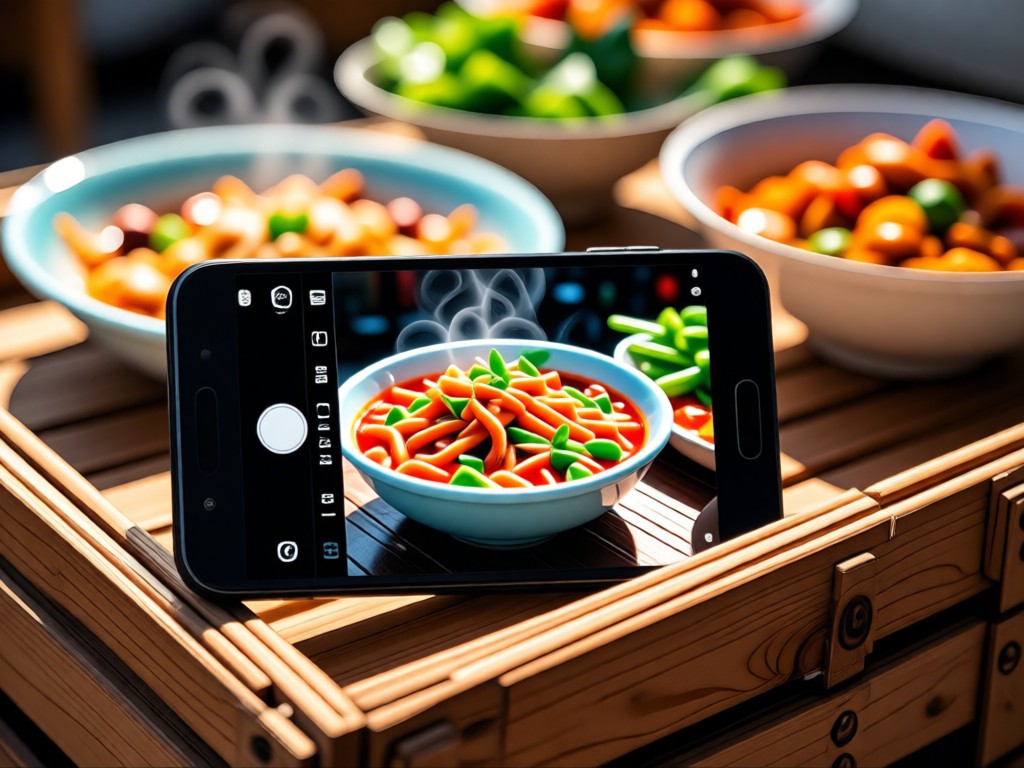 Smartphone displaying vibrant Vietnamese street food photos on a wooden market crate. Sunlight highlights steam rising from blurred bowl of phở. No people.