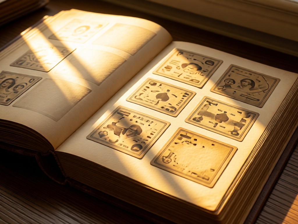 An open antique album displaying faded tobacco cards. Golden hour light streams across the pages, highlighting delicate paper textures. No people.