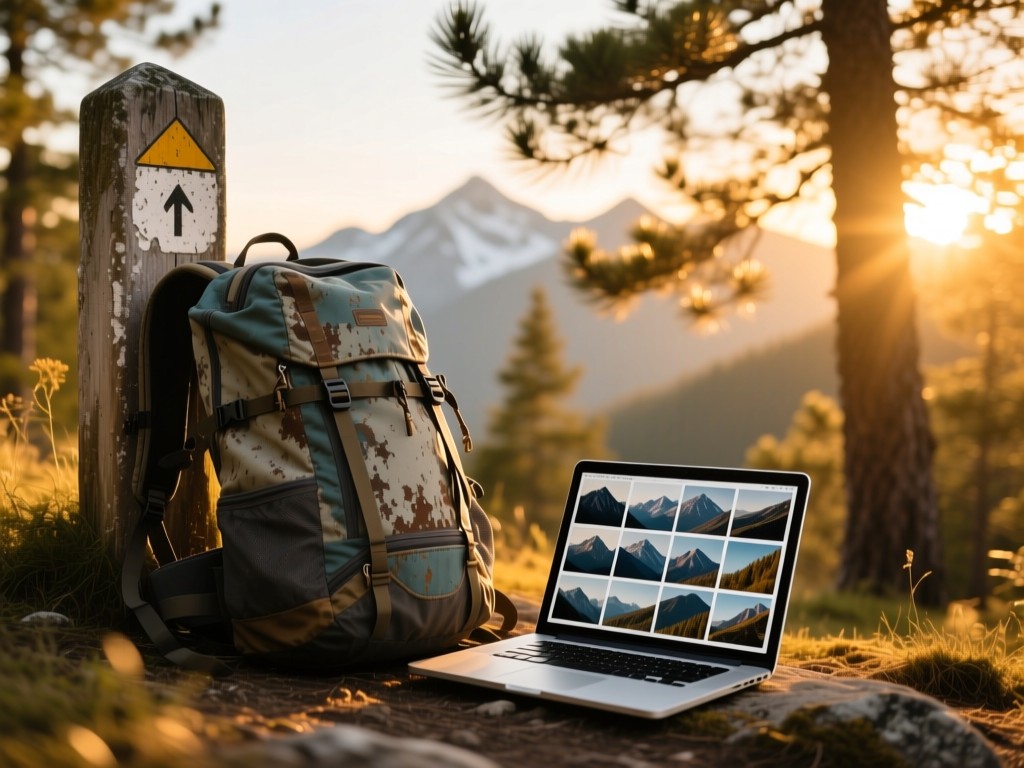 A weathered hiking backpack leaning against a trail marker at golden hour, laptop open beside it showing a grid of mountain photos, warm sunlight filtering through pine trees, shallow depth of field, no people.