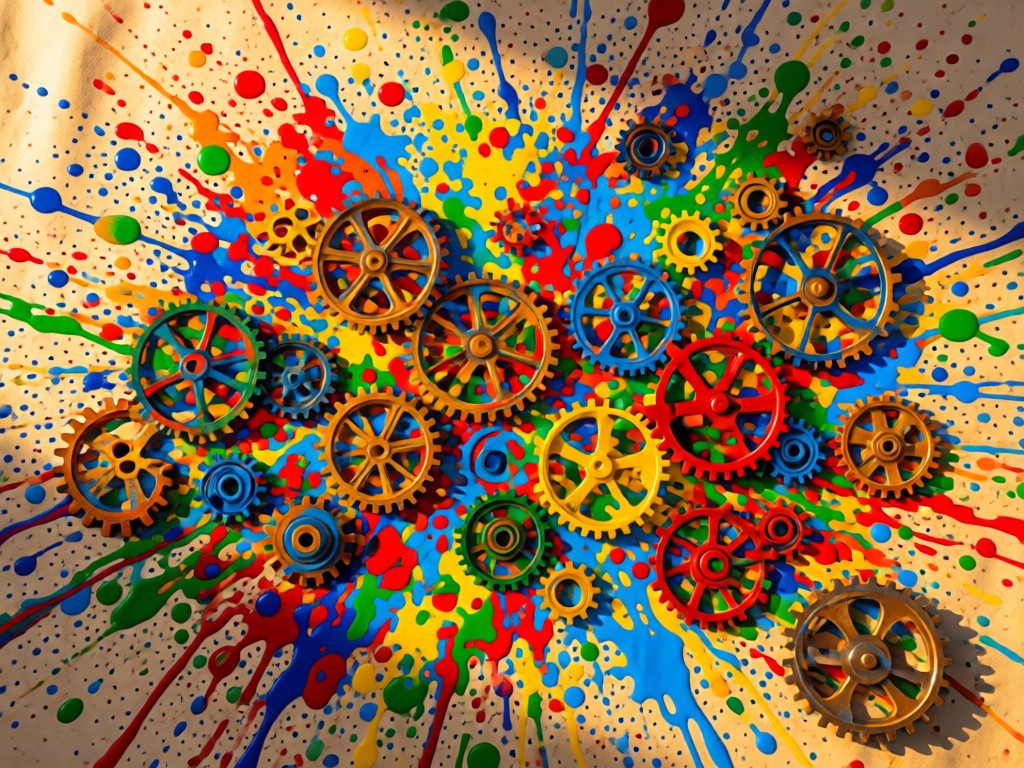 Aerial view of colorful paint splatters and scattered toy gears on craft paper. Golden hour light creates depth. Artistic chaos with intentional composition. No people.