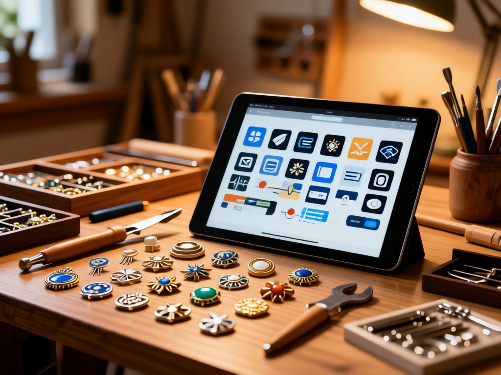 Artisan's workspace with neatly organized pin backs and tools. A tablet displays link icons beside physical creations. Soft focus background with warm lighting. No people.