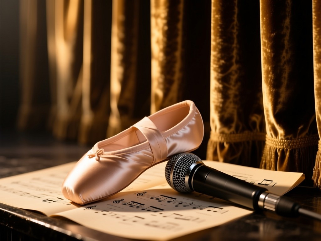 A ballet slipper and microphone resting on sheet music against a velvet stage curtain, soft golden hour spotlight, shallow depth of field, rich textures, no people visible.
